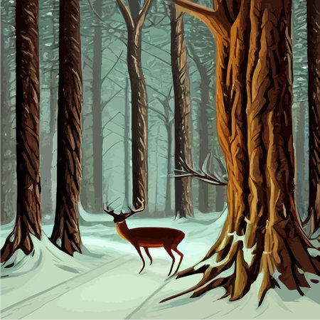Landscape with dark winter northern forest and wild deer portrait, vector illustration. Wild animals of the north.のイラスト素材