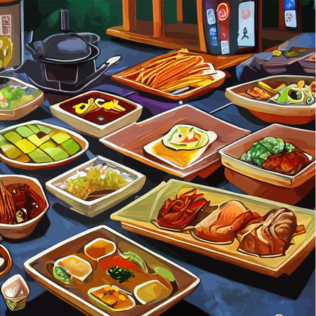 Asian food engraved on the table. Noodle dishes at the top of the view. Food menu design with cooked noodles. vectorのイラスト素材