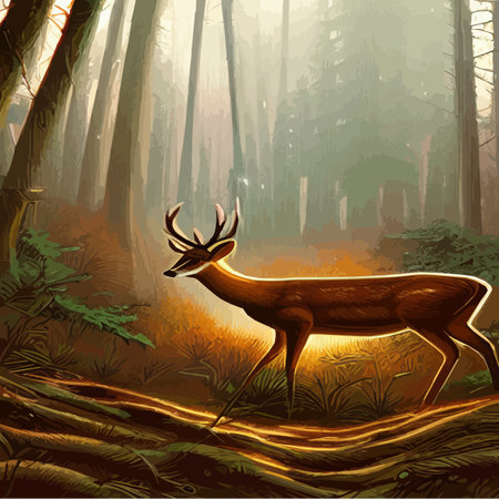 Landscape with dark northern forest and wild deer, vector illustration. Wild animals of the north. Realistic vectorのイラスト素材