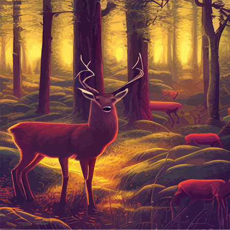 Landscape with dark northern forest and wild deer, vector illustration. Wild animals of the north. Realistic vectorのイラスト素材