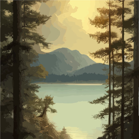 Mountains lake northern landscape flat vector illustration. Natural landscape with spruce trees hill silhouettesのイラスト素材