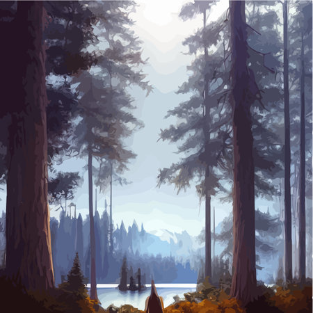 Mountains lake northern landscape flat vector illustration. Natural landscape with spruce trees hill silhouettesのイラスト素材