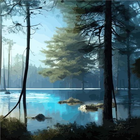 Mountains lake northern landscape flat vector illustration. Natural landscape with spruce trees hill silhouettesのイラスト素材