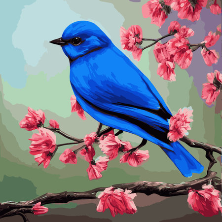 Bird sits branch cherry blossoms. Nightingale branches with leaves. Beautiful vector illustration with birds, Japaneseのイラスト素材