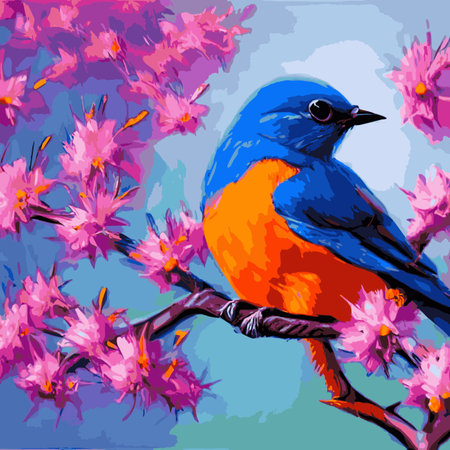 Bird sits branch cherry blossoms. Nightingale branches with leaves. Beautiful vector illustration with birds, Japaneseのイラスト素材