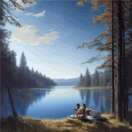 Mountains lake northern landscape flat vector illustration. Natural landscape with spruce trees hill silhouettesのイラスト素材