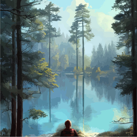 Mountains lake northern landscape flat vector illustration. Natural landscape with spruce trees hill silhouettesのイラスト素材