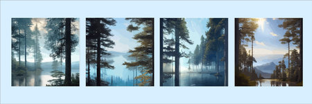 Set of posters. mountains lake northern landscape flat vector illustration. Natural landscape with spruce trees hillのイラスト素材
