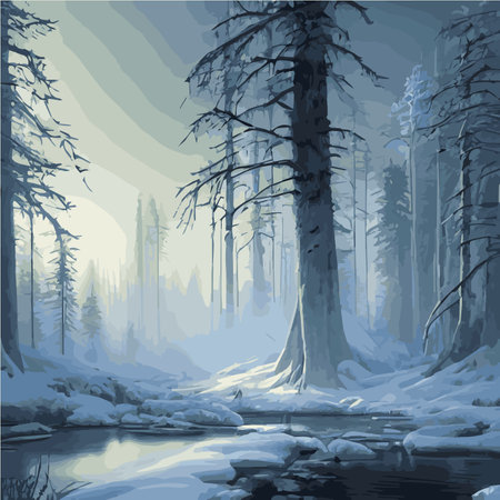 Winter landscape forest. Winter nature forest with spruces, pines bushes. Snowy areas branches covered with snow.のイラスト素材