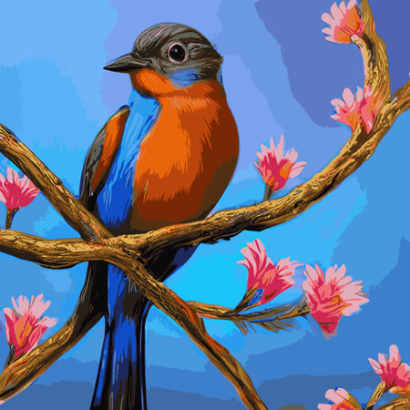 Bird sits branch cherry blossoms. Nightingale branches with leaves. Beautiful vector illustration with birds, Japaneseのイラスト素材