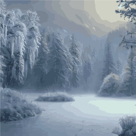 Winter landscape forest. Winter nature forest with spruces, pines bushes. Snowy areas branches covered with snow.のイラスト素材