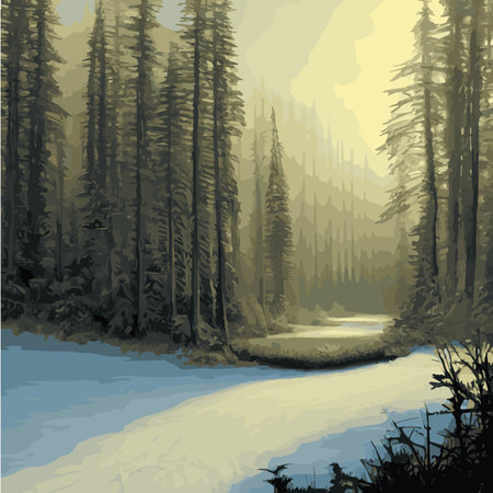 Winter landscape with snowy spruce forest forest vector illustration. Wildlife, frozen, foggy, taiga. Fantasyのイラスト素材