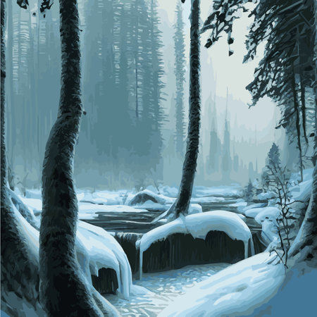 Winter landscape forest. Winter nature forest with spruces, pines bushes. Snowy areas branches covered with snow.のイラスト素材