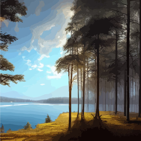 Mountains lake northern landscape flat vector illustration. Natural landscape with spruce trees hill silhouettesのイラスト素材