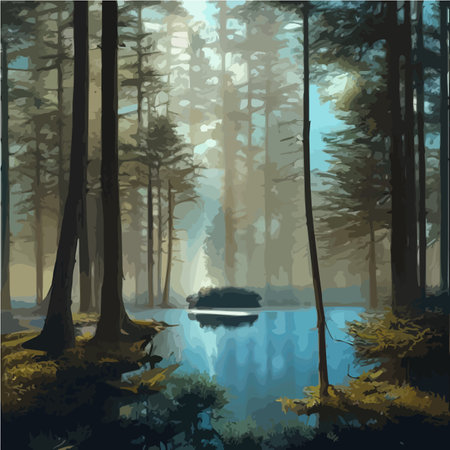 Mountains lake northern landscape flat vector illustration. Natural landscape with spruce trees hill silhouettesのイラスト素材