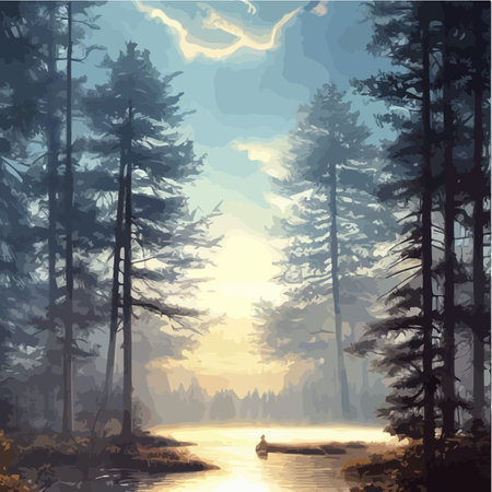 Mountains lake northern landscape flat vector illustration. Natural landscape with spruce trees hill silhouettesのイラスト素材