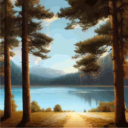 Mountains lake northern landscape flat vector illustration. Natural landscape with spruce trees hill silhouettesのイラスト素材