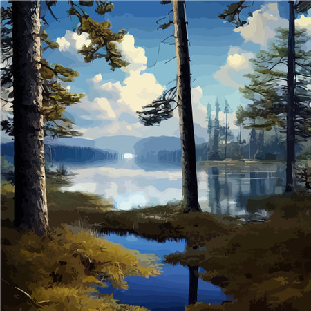 Mountains lake northern landscape flat vector illustration. Natural landscape with spruce trees hill silhouettesのイラスト素材