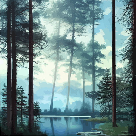 Mountains lake northern landscape flat vector illustration. Natural landscape with spruce trees hill silhouettesのイラスト素材