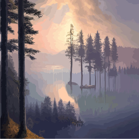 Mountains lake northern landscape flat vector illustration. Natural landscape with spruce trees hill silhouettesのイラスト素材