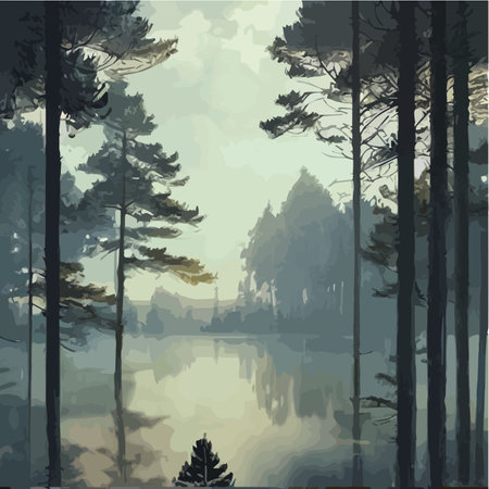 Mountains lake northern landscape flat vector illustration. Natural landscape with spruce trees hill silhouettesのイラスト素材