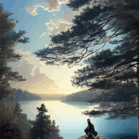 Mountains lake northern landscape flat vector illustration. Natural landscape with spruce trees hill silhouettesのイラスト素材