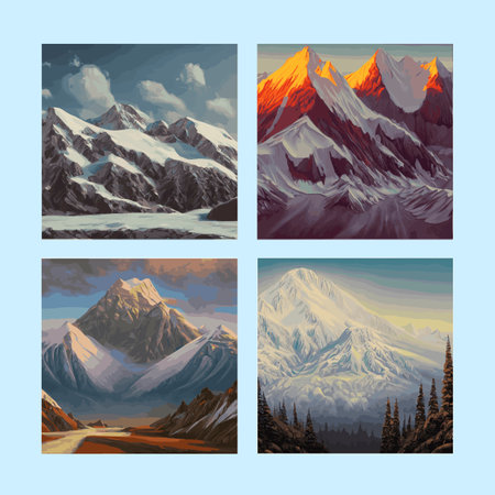 Set of four posters. Winter mountain landscape with snow against blue skyのイラスト素材
