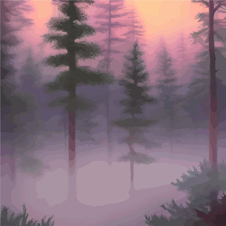 Futuristic night landscape with abstract forest landscape. Dark scene of natural forest with reflection sunbeams.のイラスト素材