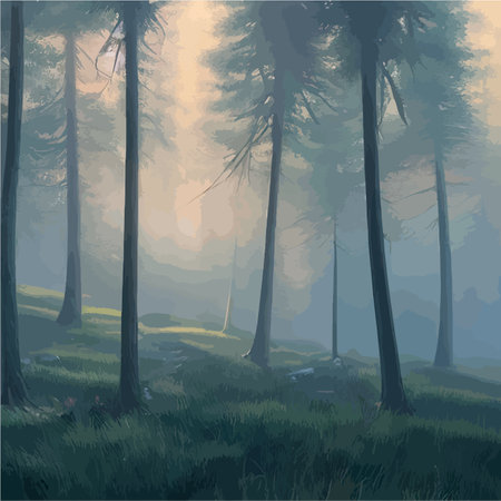 Futuristic night landscape with abstract forest landscape. Dark scene of natural forest with reflection sunbeams.のイラスト素材