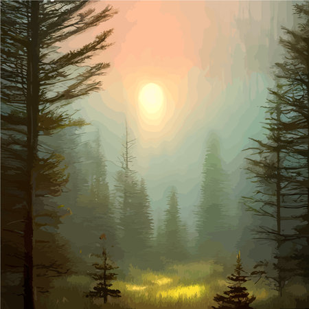 Futuristic night landscape with abstract forest landscape. Dark scene of natural forest with reflection sunbeams.のイラスト素材