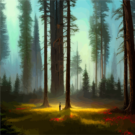 Futuristic night landscape with abstract forest landscape. Dark scene of natural forest with reflection sunbeams.のイラスト素材