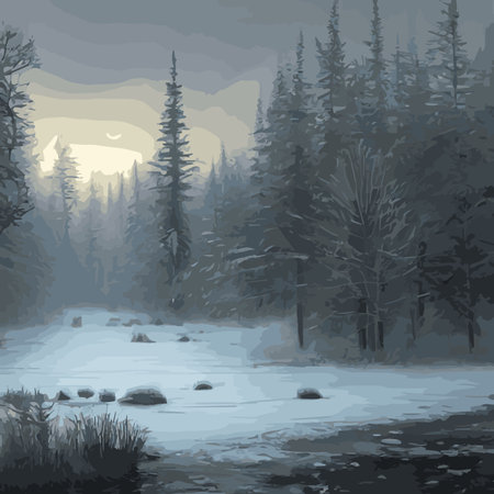 Winter landscape with snowy spruce forest forest vector illustration. Wildlife, frozen, foggy, taiga. Fantasyのイラスト素材