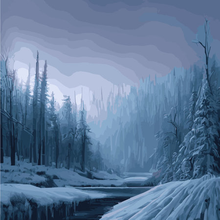 Winter landscape with snowy spruce forest forest vector illustration. Wildlife, frozen, foggy, taiga. Fantasyのイラスト素材