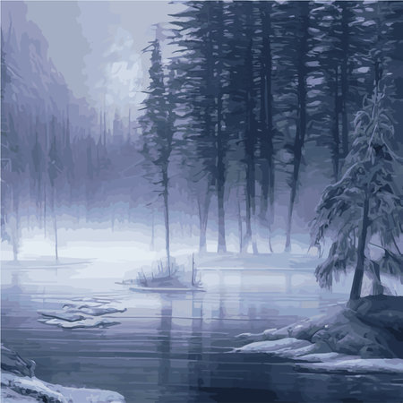 Winter landscape forest. Winter nature forest with spruces, pines bushes. Snowy areas branches covered with snow.のイラスト素材