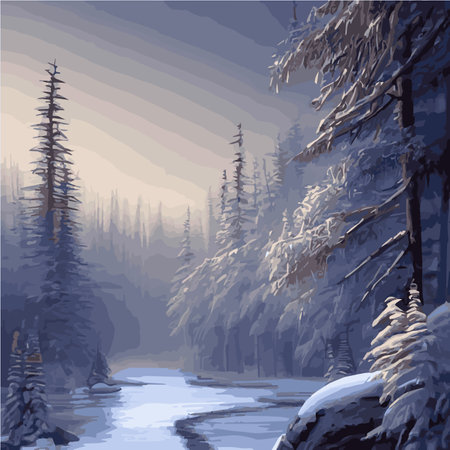 Winter landscape forest. Winter nature forest with spruces, pines bushes. Snowy areas branches covered with snow.のイラスト素材