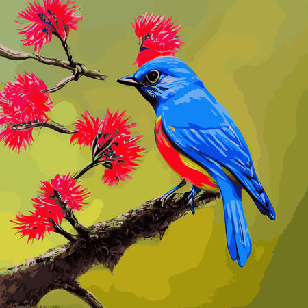 Bird sits branch cherry blossoms. Nightingale branches with leaves. Beautiful vector illustration with birds, Japaneseのイラスト素材
