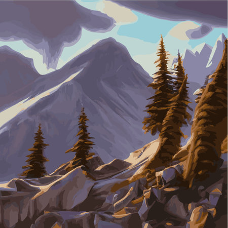 Winter mountain landscape with snow against blue sky, winter holidays, forest landscape and solitary mountain.のイラスト素材