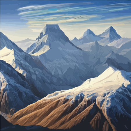 Winter mountain landscape with snow against blue sky, winter holidays, forest landscape and solitary mountain.のイラスト素材