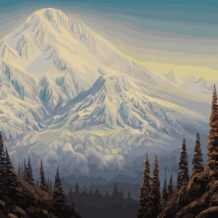 Winter mountain landscape with snow against blue sky, winter holidays, forest landscape and solitary mountain.のイラスト素材