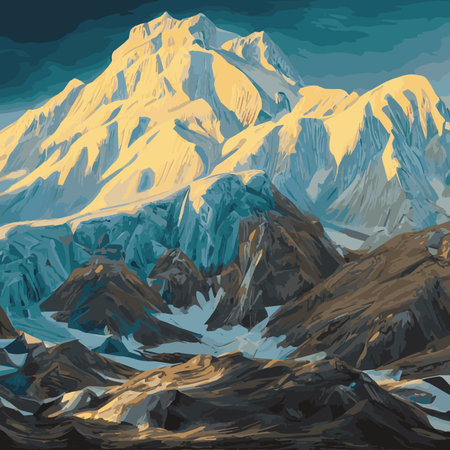 Winter mountain landscape with snow against blue sky, winter holidays, forest landscape and solitary mountain.のイラスト素材