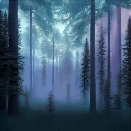 Futuristic night landscape with abstract forest landscape. Dark scene of natural forest with reflection sunbeams.のイラスト素材