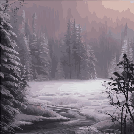 Winter landscape forest. Winter nature forest with spruces, pines bushes. Snowy areas branches covered with snow.のイラスト素材