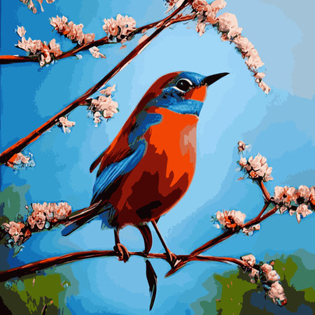 Bird sits branch cherry blossoms. Nightingale branches with leaves. Beautiful vector illustration with birds, Japaneseのイラスト素材