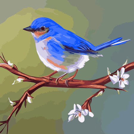Bird sits branch cherry blossoms. Nightingale branches with leaves. Beautiful vector illustration with birds, Japaneseのイラスト素材