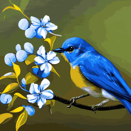 Bird sits branch cherry blossoms. Nightingale branches with leaves. Beautiful vector illustration with birds, Japaneseのイラスト素材