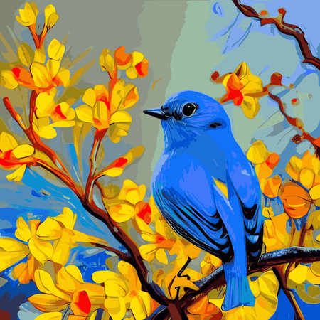 Bird sits branch cherry blossoms. Nightingale branches with leaves. Beautiful vector illustration with birds, Japaneseのイラスト素材