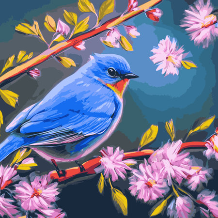 Bird sits branch cherry blossoms. Nightingale branches with leaves. Beautiful vector illustration with birds, Japaneseのイラスト素材