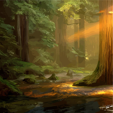 Dark forest cartoon illustration, vector, Moonlight illuminates the beautiful forest. Fantasy forest...