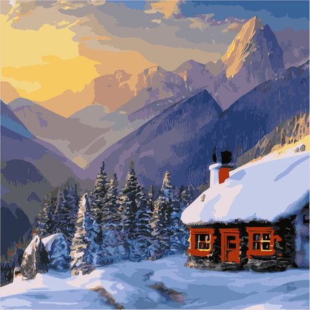 Winter mountain landscape with wooden house, chalet, snow, illuminated mountain peaks, hill, forest, Vector flatのイラスト素材