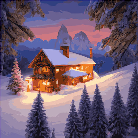 Winter mountain landscape with wooden house, chalet, snow, illuminated mountain peaks, hill, forest, Vector flatのイラスト素材